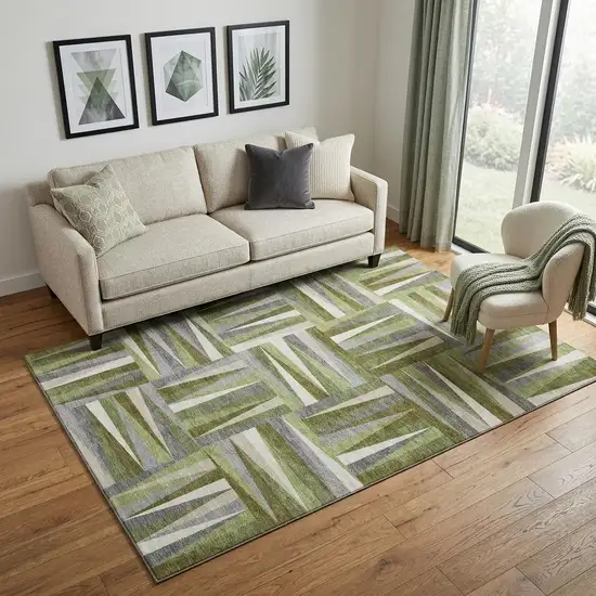 Green Ivory And Gray Geometric Washable Area Rug With UV Protection Photo 1