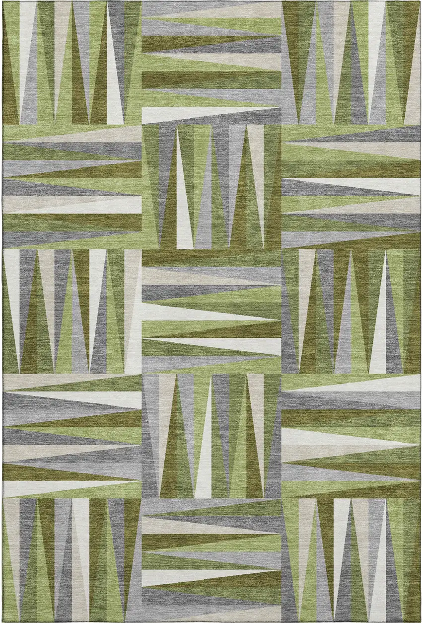 Green Ivory And Gray Geometric Washable Area Rug With UV Protection Photo 1