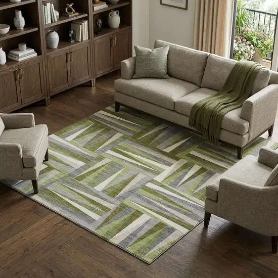 Green Ivory And Gray Geometric Washable Area Rug With UV Protection Photo 1