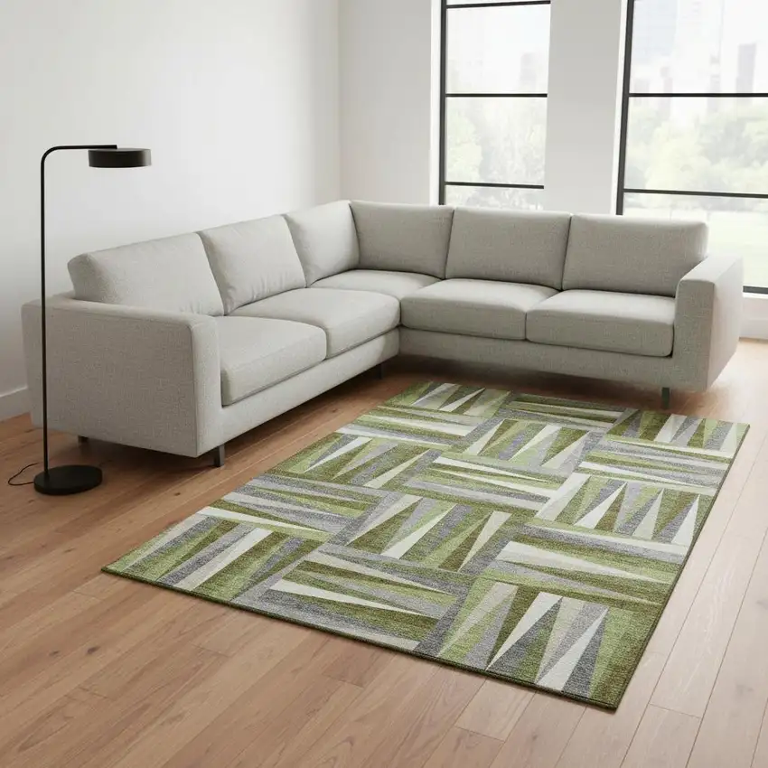 Green Ivory And Gray Geometric Washable Area Rug With UV Protection Photo 2