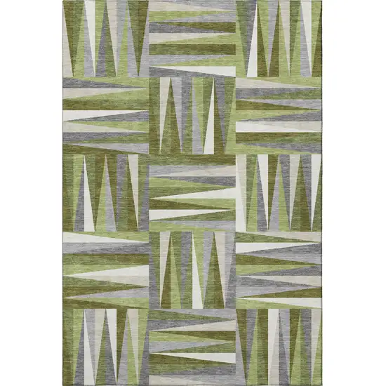 Green Ivory And Gray Geometric Washable Area Rug With UV Protection Photo 2