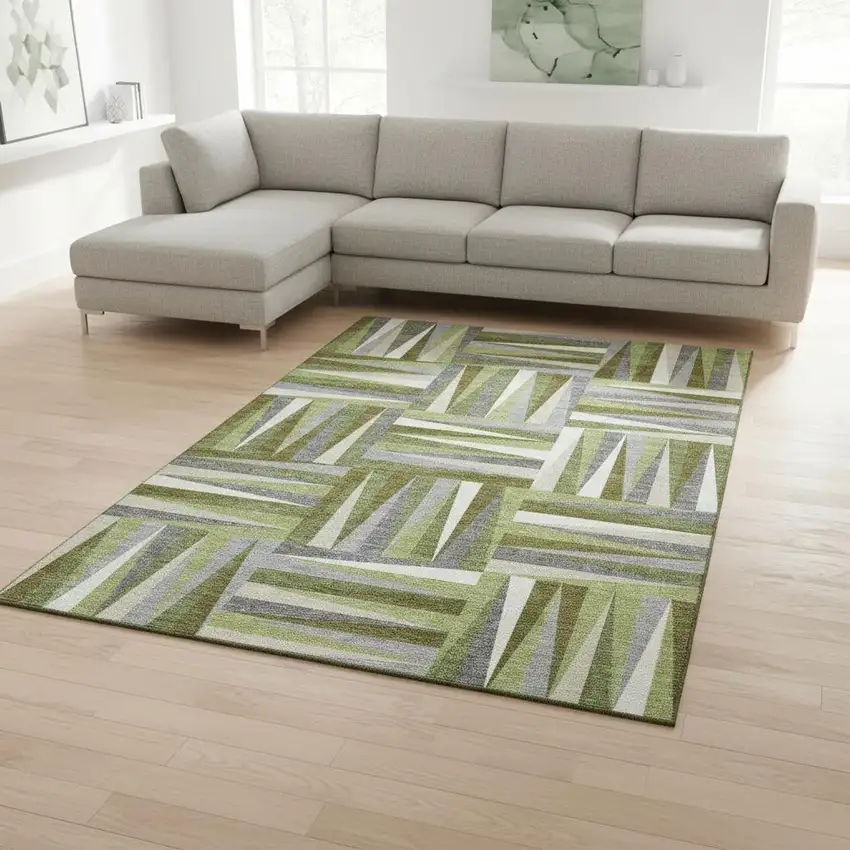 Green Ivory And Gray Geometric Washable Area Rug With UV Protection Photo 2