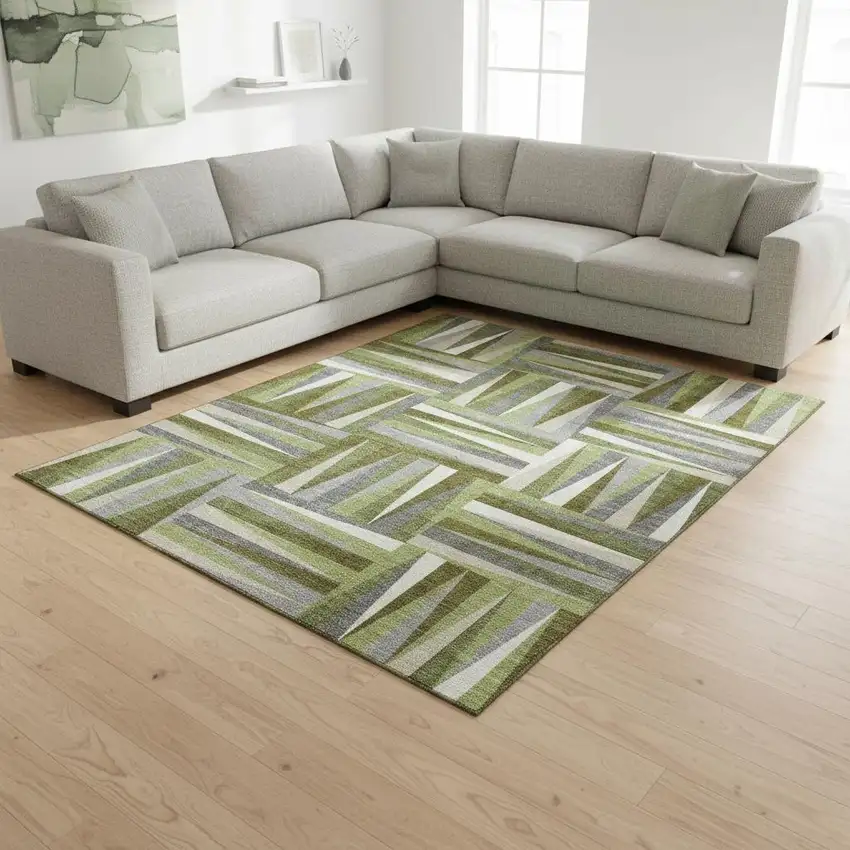Green Ivory And Gray Geometric Washable Area Rug With UV Protection Photo 2
