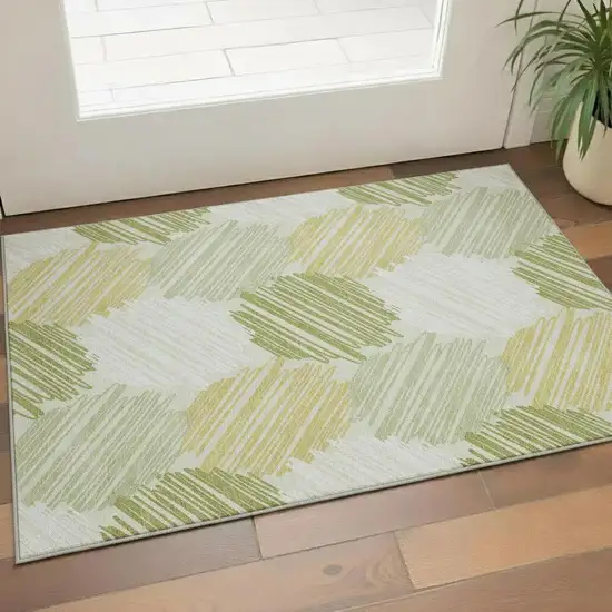 Green Ivory And Gray Geometric Washable Area Rug With UV Protection Photo 2