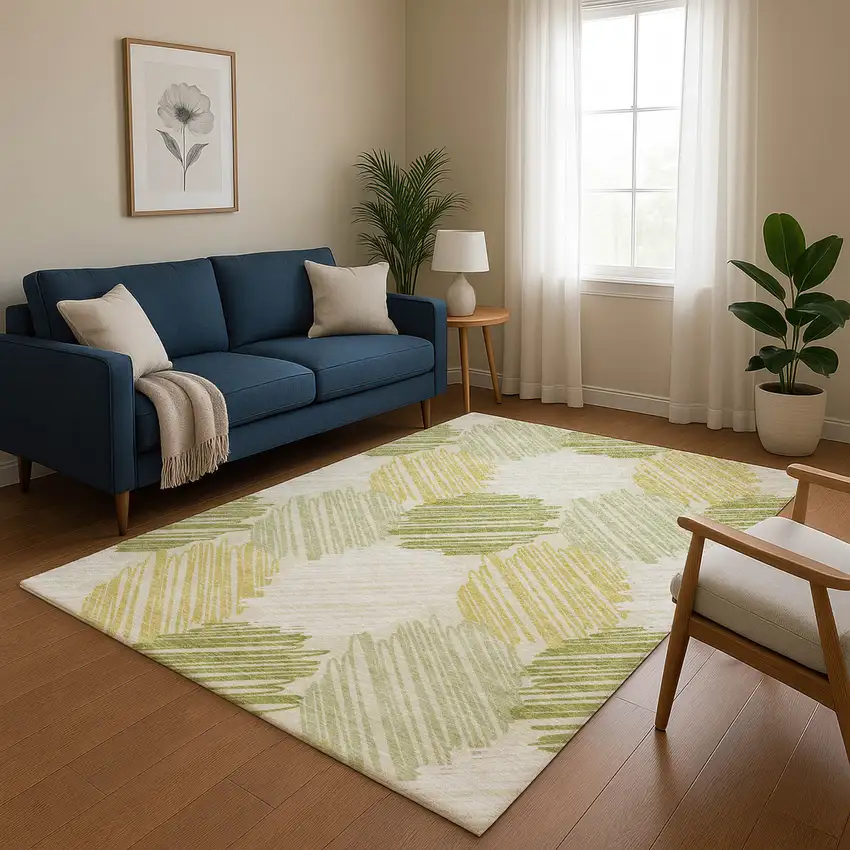 Green Ivory And Gray Geometric Washable Area Rug With UV Protection Photo 5