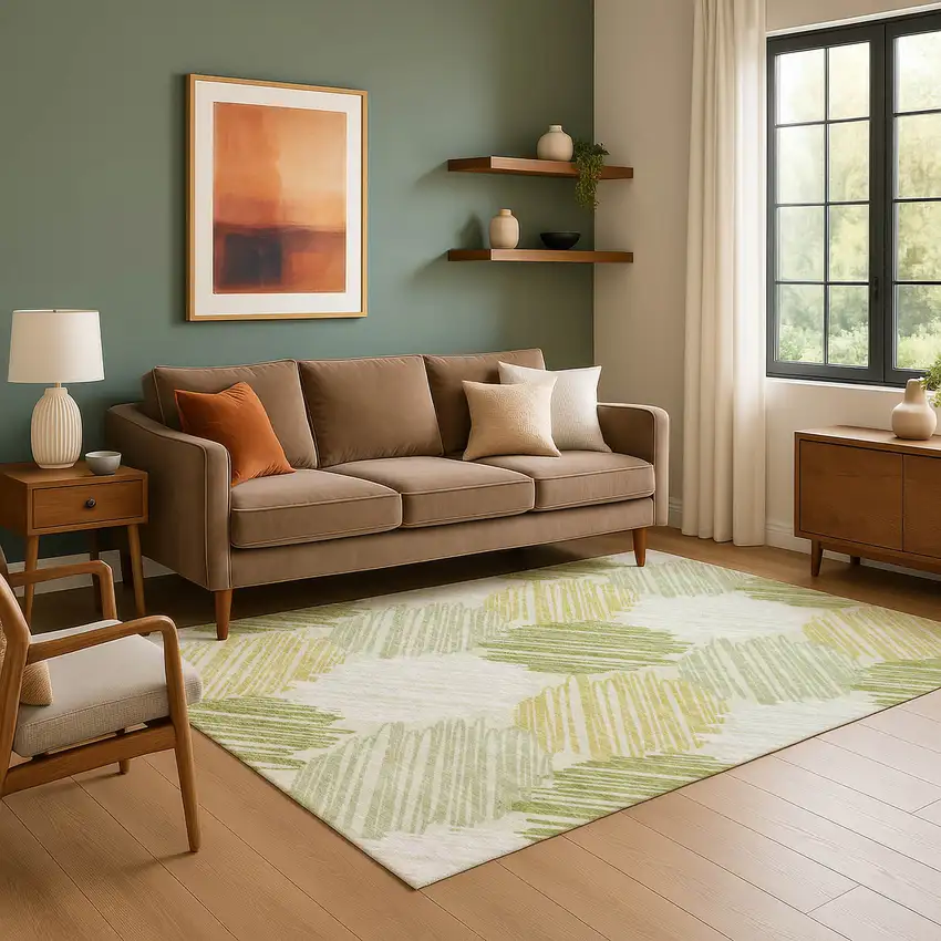 Green Ivory And Gray Geometric Washable Area Rug With UV Protection Photo 6