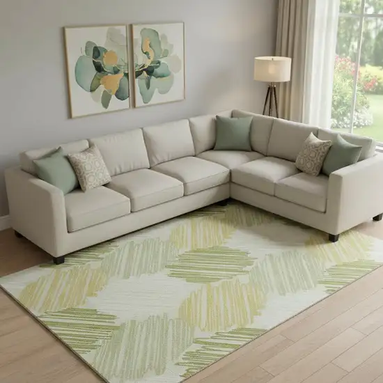 Green Ivory And Gray Geometric Washable Area Rug With UV Protection Photo 2