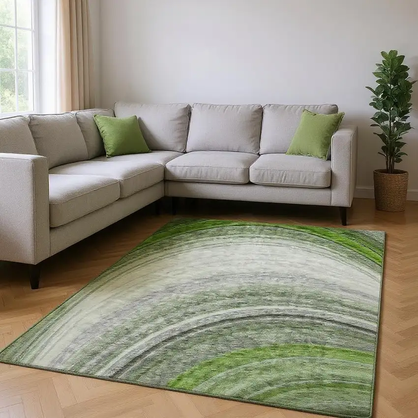 Green Ivory And Gray Ombre Washable Area Rug With UV Protection Photo 2