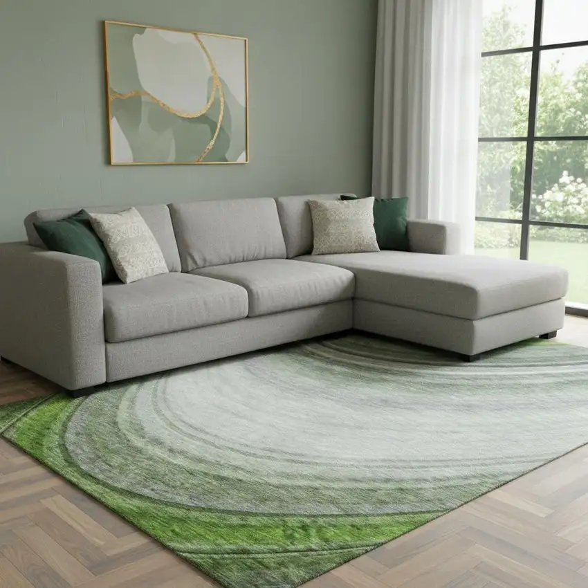 Green Ivory And Gray Ombre Washable Area Rug With UV Protection Photo 1