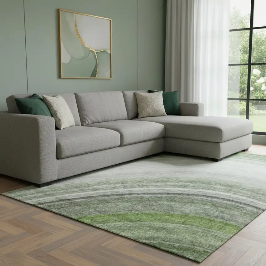 Green Ivory And Gray Ombre Washable Area Rug With UV Protection Photo 1