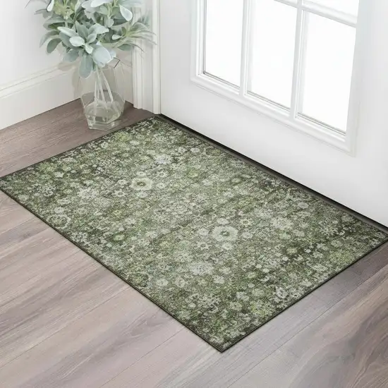 Green Ivory And Gray Oriental Washable Area Rug With UV Protection Photo 1