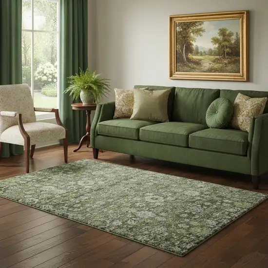 Green Ivory And Gray Oriental Washable Area Rug With UV Protection Photo 1