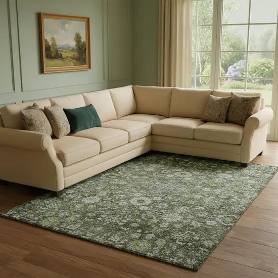 Green Ivory And Gray Oriental Washable Area Rug With UV Protection Photo 1