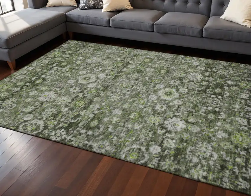 Green Ivory And Gray Oriental Washable Area Rug With UV Protection Photo 2