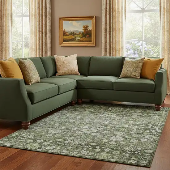 Green Ivory And Gray Oriental Washable Area Rug With UV Protection Photo 1