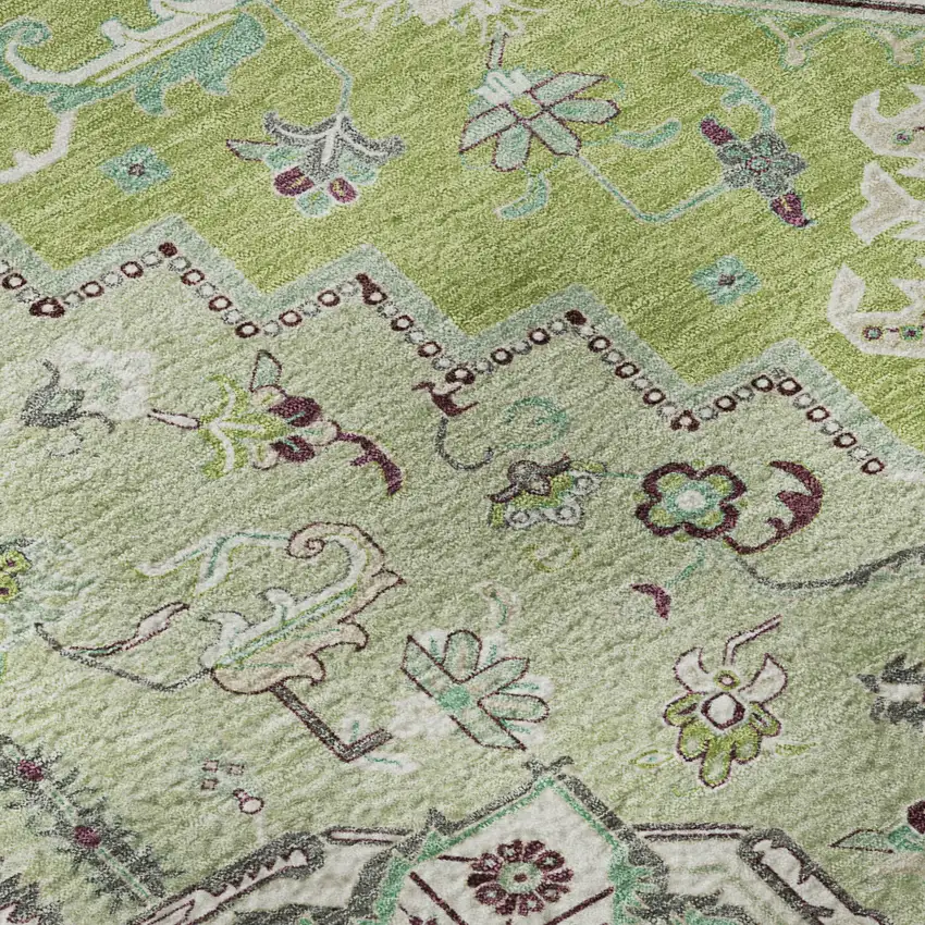 Green Ivory And Gray Oriental Washable Area Rug With UV Protection Photo 9