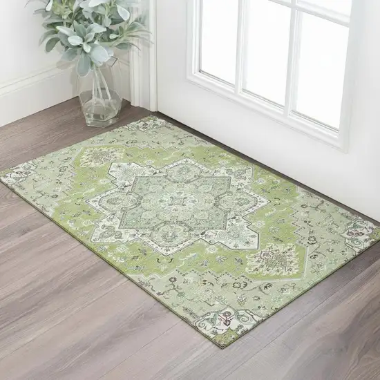 Green Ivory And Gray Oriental Washable Area Rug With UV Protection Photo 2
