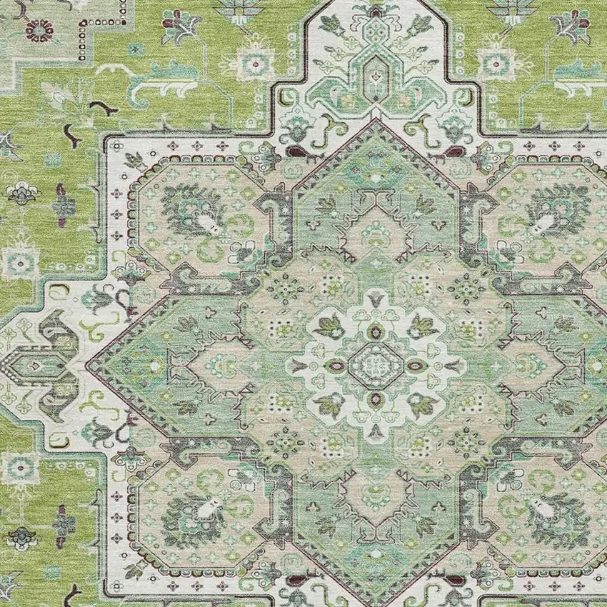 Green Ivory And Gray Oriental Washable Area Rug With UV Protection Photo 2