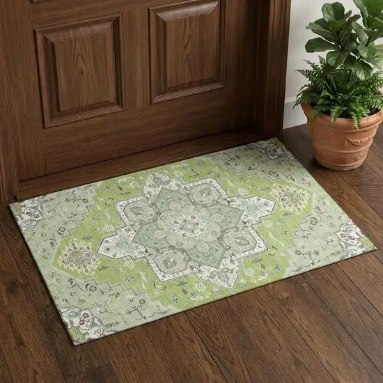 Green Ivory And Gray Oriental Washable Area Rug With UV Protection Photo 1