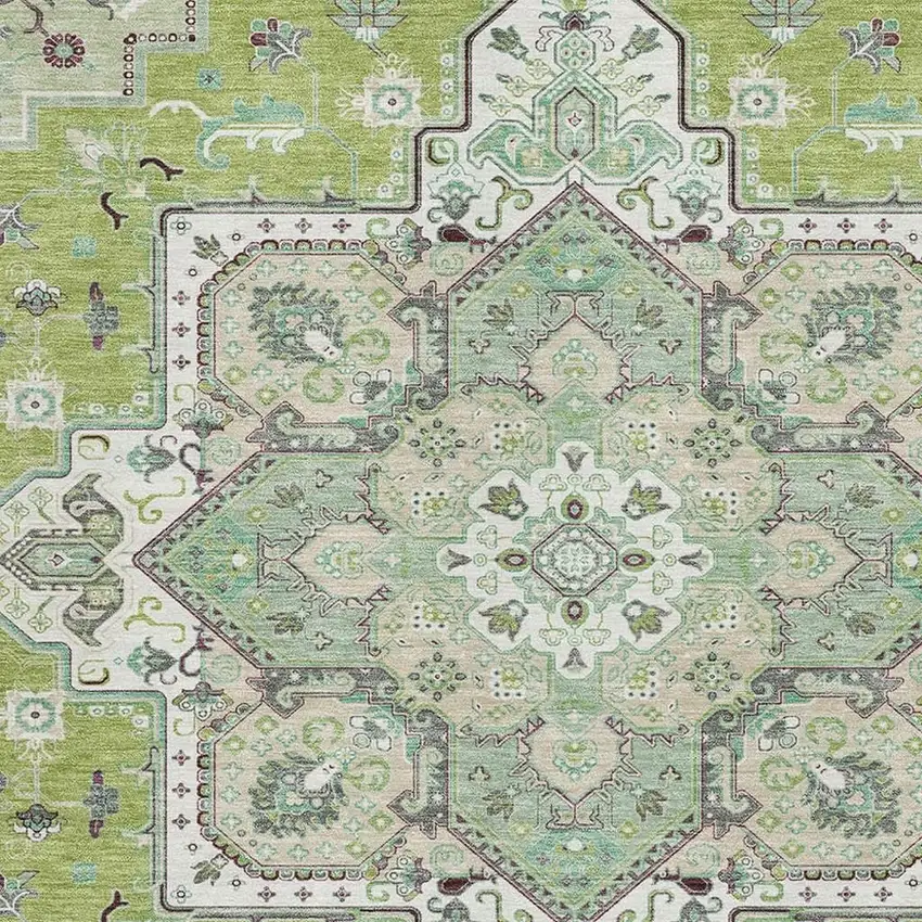 Green Ivory And Gray Oriental Washable Area Rug With UV Protection Photo 2