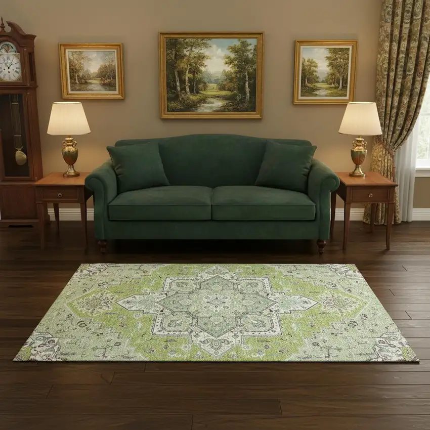 Green Ivory And Gray Oriental Washable Area Rug With UV Protection Photo 2