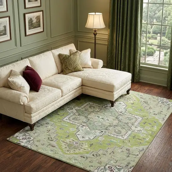 Green Ivory And Gray Oriental Washable Area Rug With UV Protection Photo 1