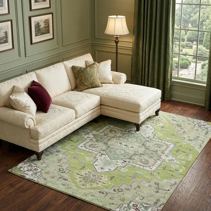 Green Ivory And Gray Oriental Washable Area Rug With UV Protection Photo 1