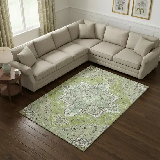Green Ivory And Gray Oriental Washable Area Rug With UV Protection Photo 2