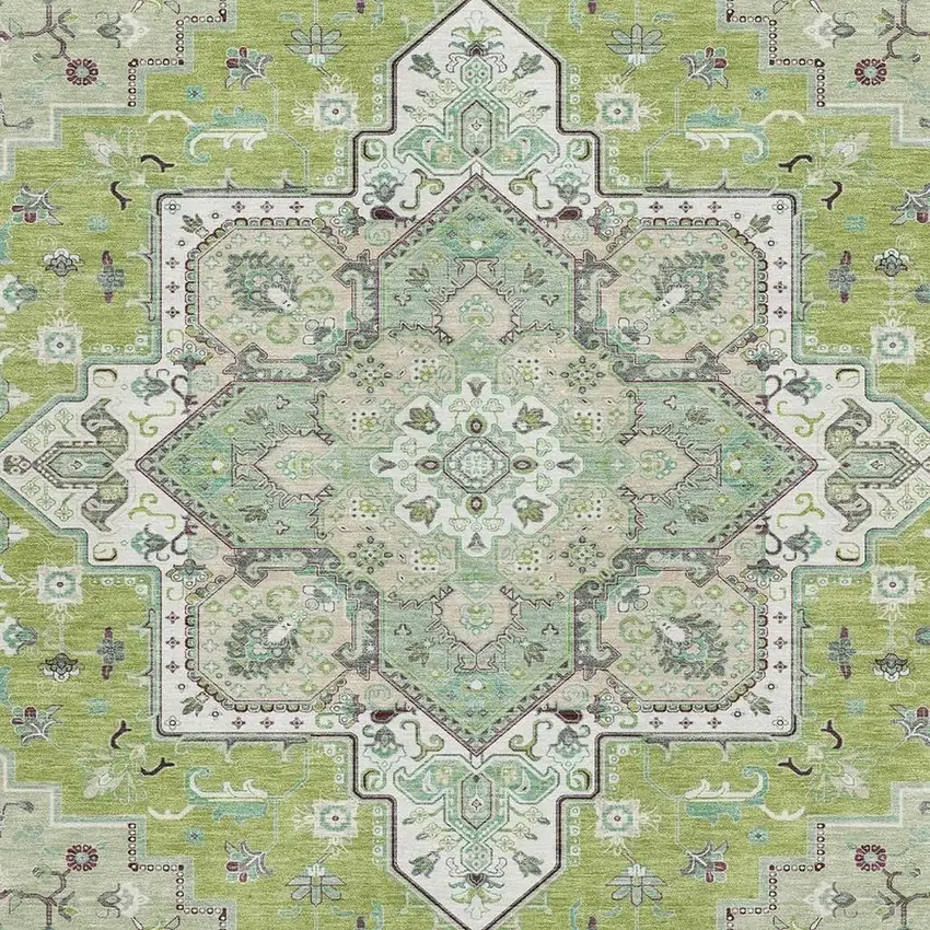 Green Ivory And Gray Oriental Washable Area Rug With UV Protection Photo 3