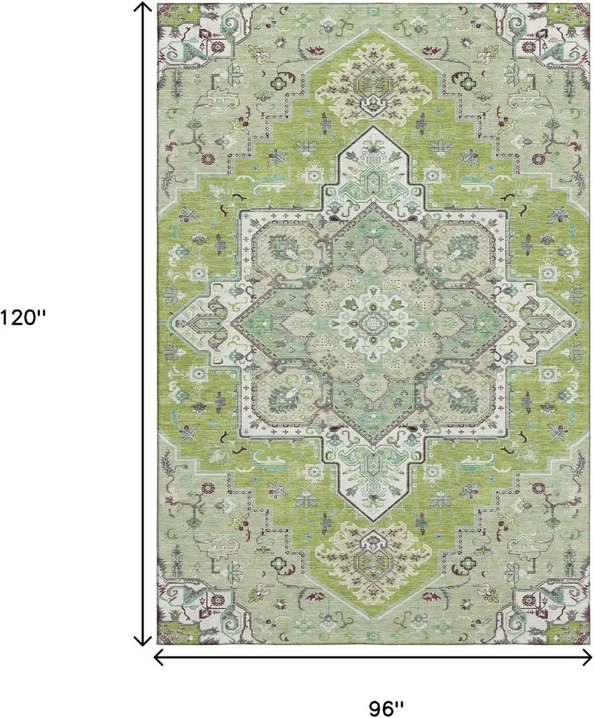 Green Ivory And Gray Oriental Washable Area Rug With UV Protection Photo 8