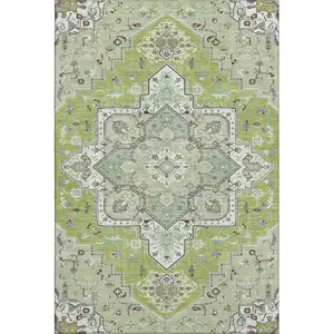 Photo of Green Ivory And Gray Oriental Washable Area Rug With UV Protection