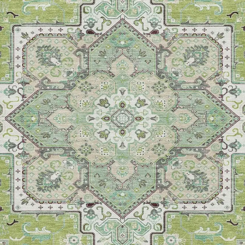 Green Ivory And Gray Oriental Washable Area Rug With UV Protection Photo 2