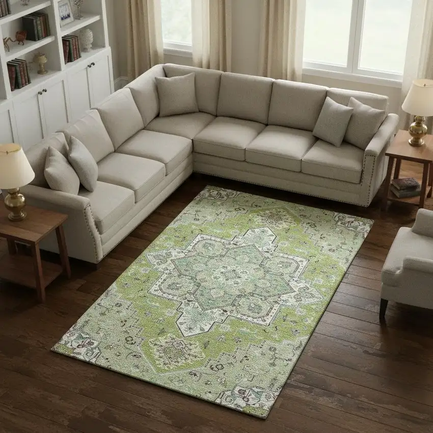 Green Ivory And Gray Oriental Washable Area Rug With UV Protection Photo 2