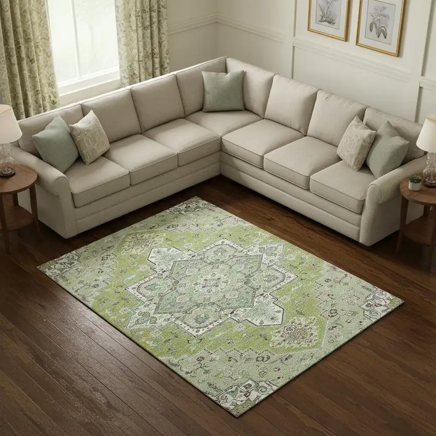 Green Ivory And Gray Oriental Washable Area Rug With UV Protection Photo 2