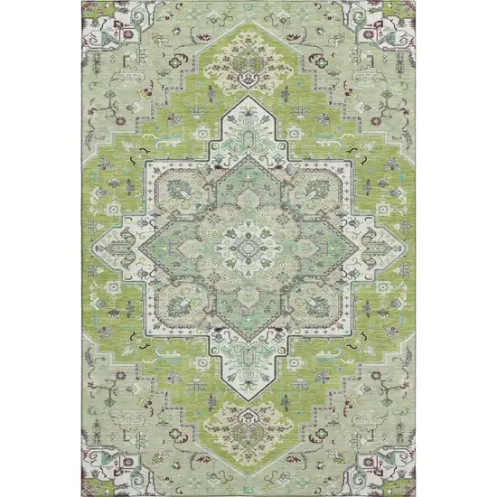 Green Ivory And Gray Oriental Washable Area Rug With UV Protection Photo 1