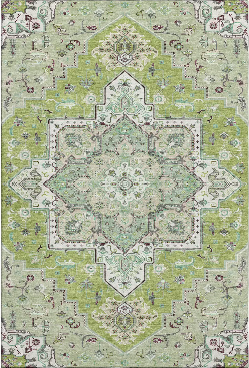 Green Ivory And Gray Oriental Washable Area Rug With UV Protection Photo 1
