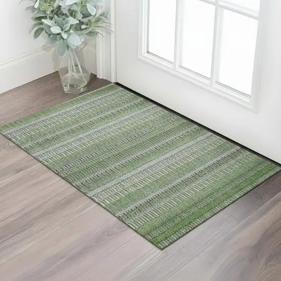 Green Ivory And Gray Striped Washable Area Rug With UV Protection Photo 1