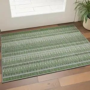Photo of Green Ivory And Gray Striped Washable Area Rug With UV Protection