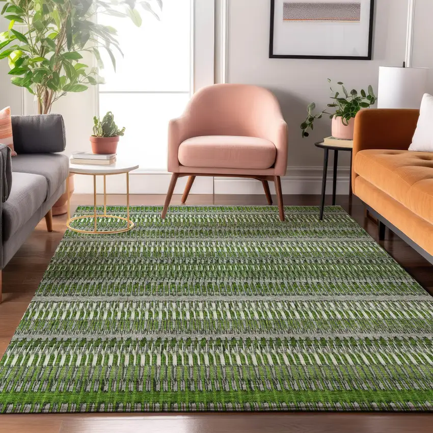 Green Ivory And Gray Striped Washable Area Rug With UV Protection Photo 5