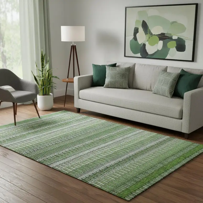 Green Ivory And Gray Striped Washable Area Rug With UV Protection Photo 1