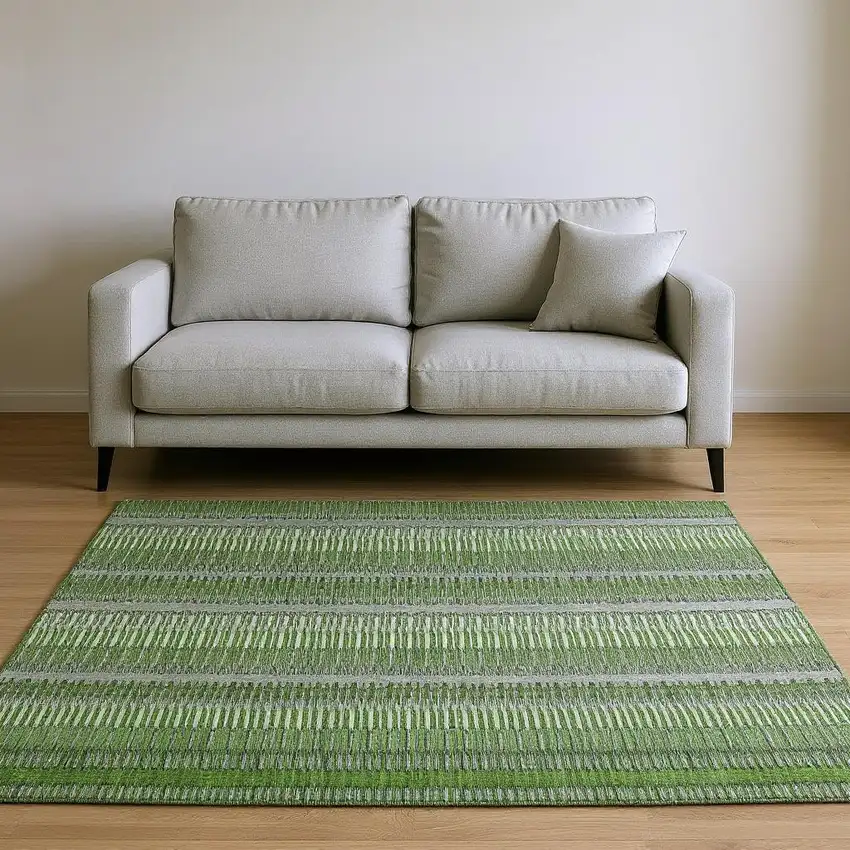 Green Ivory And Gray Striped Washable Area Rug With UV Protection Photo 2
