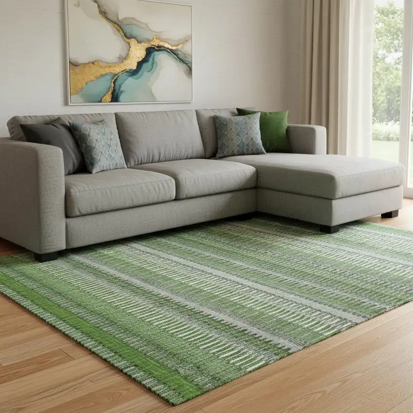 Green Ivory And Gray Striped Washable Area Rug With UV Protection Photo 1