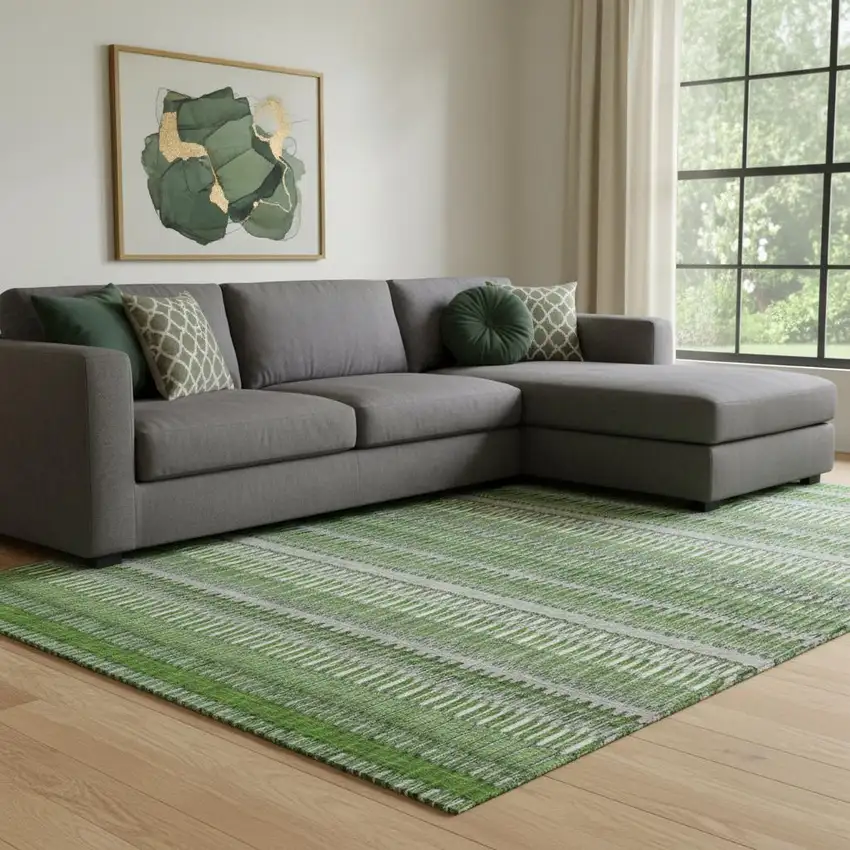 Green Ivory And Gray Striped Washable Area Rug With UV Protection Photo 1