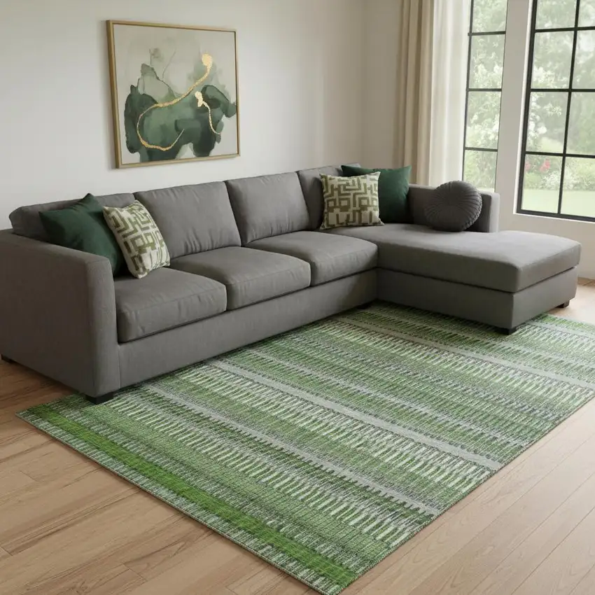 Green Ivory And Gray Striped Washable Area Rug With UV Protection Photo 1