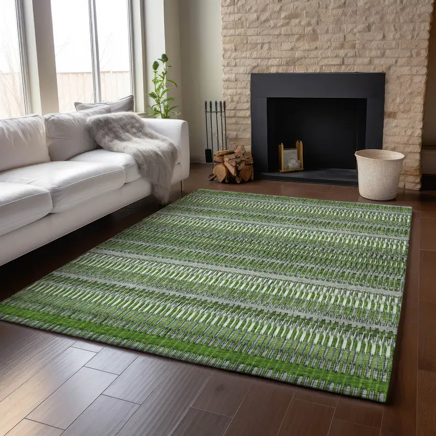 Green Ivory And Gray Striped Washable Area Rug With UV Protection Photo 5