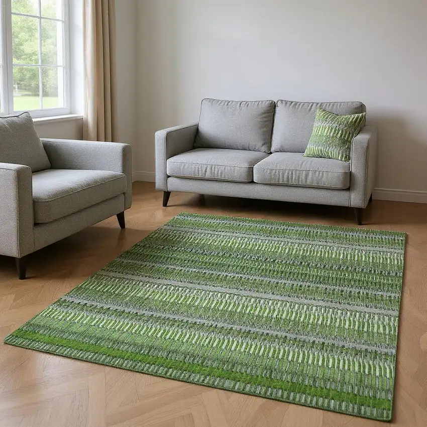 Green Ivory And Gray Striped Washable Area Rug With UV Protection Photo 2