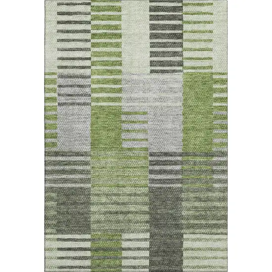 Green Ivory And Gray Striped Washable Area Rug With UV Protection Photo 1