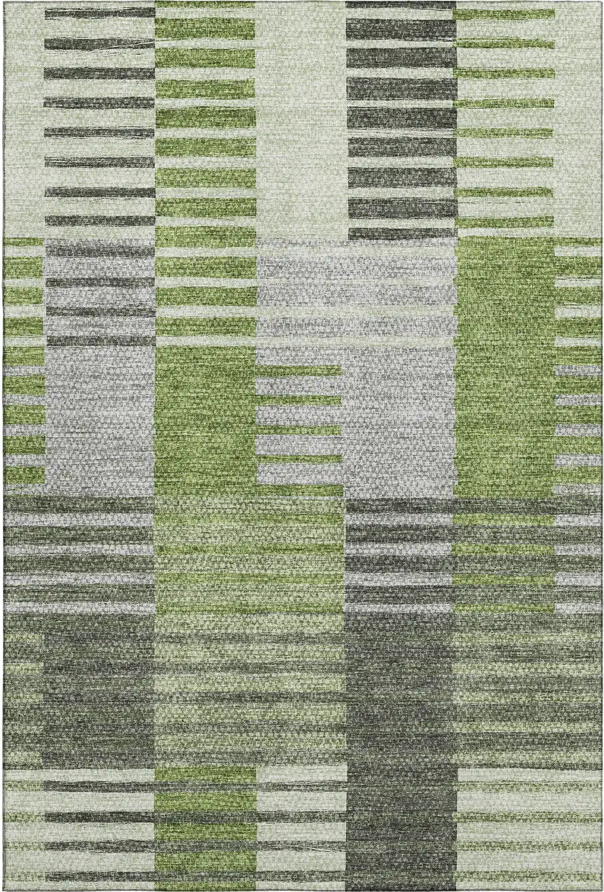 Green Ivory And Gray Striped Washable Area Rug With UV Protection Photo 1