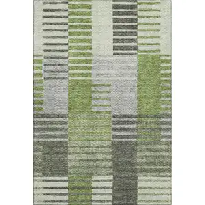 Photo of Green Ivory And Gray Striped Washable Area Rug With UV Protection