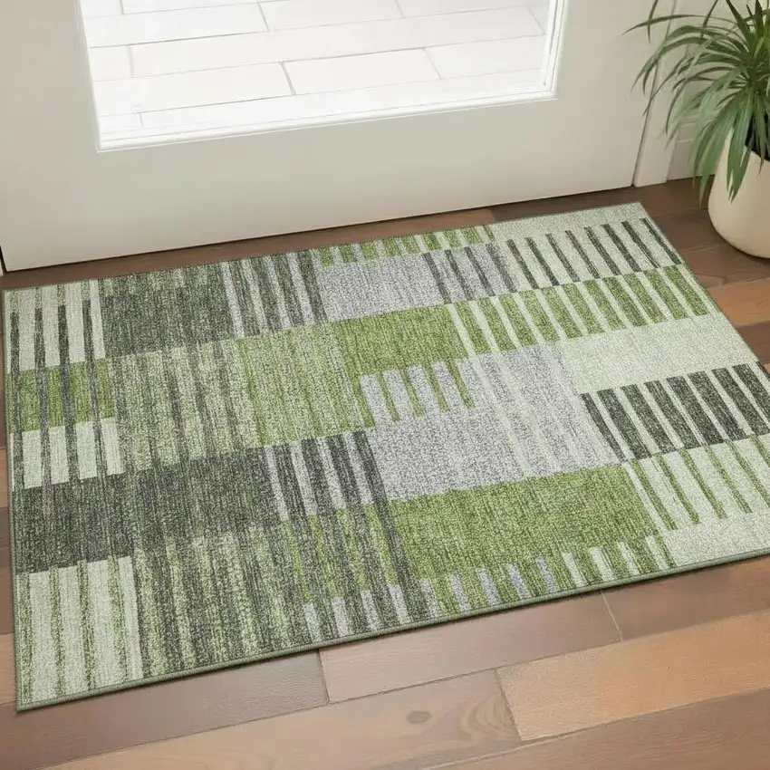 Green Ivory And Gray Striped Washable Area Rug With UV Protection Photo 1